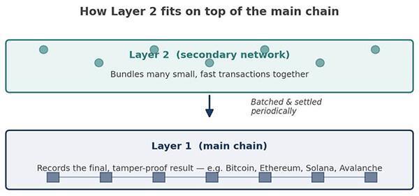 Layer 2 networks process transactions off-chain, then settle a batched summary back onto Layer 1.